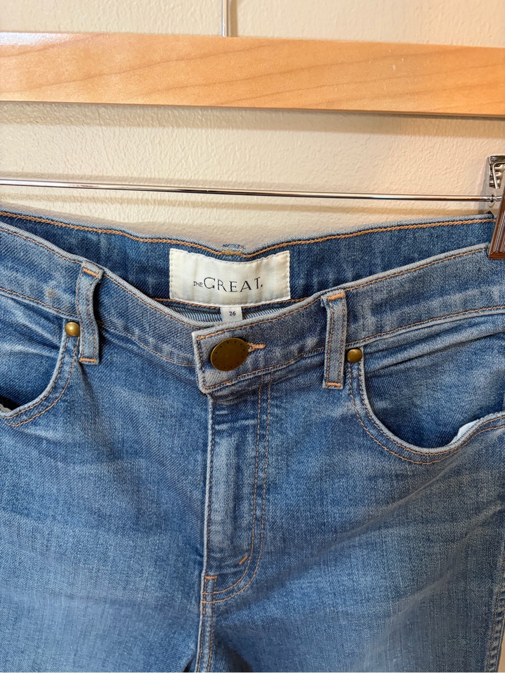 THE GREAT. Faded Blue Denim Jeans with Brass Hardware